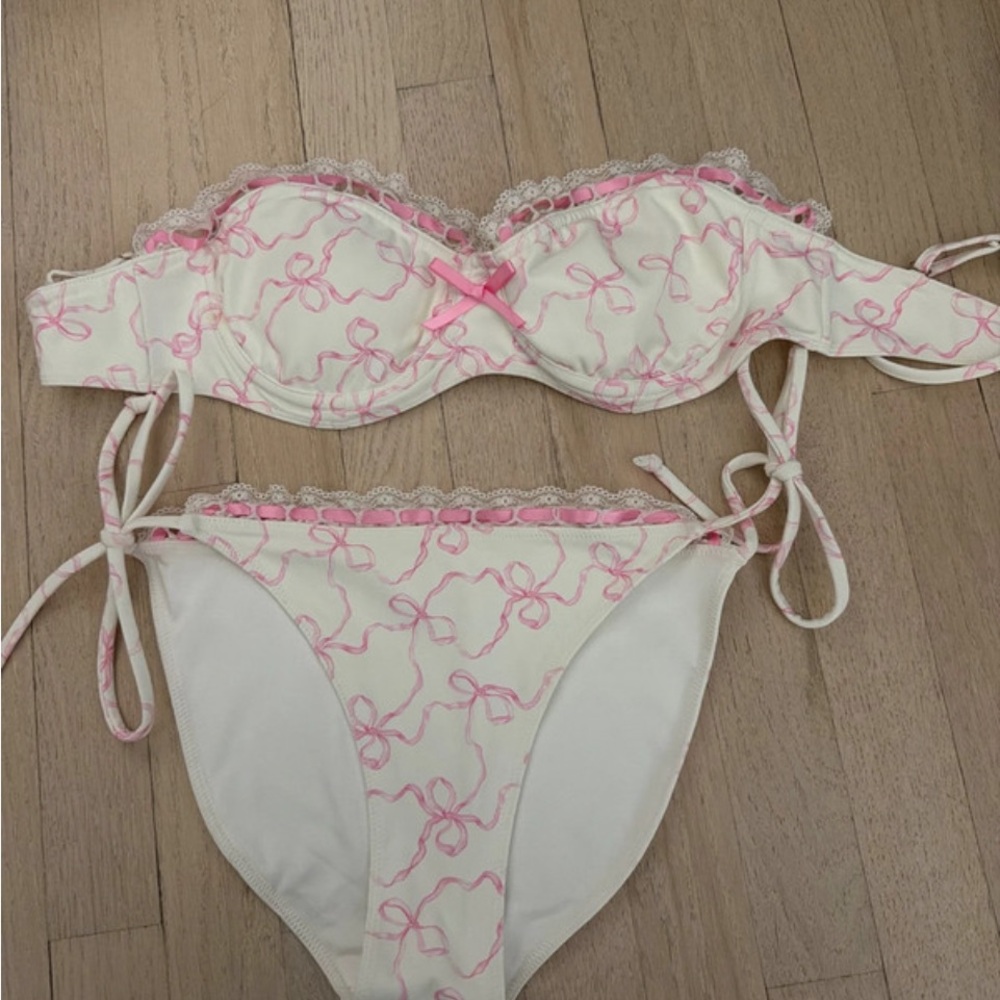 LoveShackFancy White Bikini with Pink Bow Print